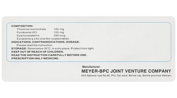 Meyermin dự phòng và trị thiếu vitamin nhóm B do dinh dưỡng, do thuốc (10 vỉ x 10 viên)