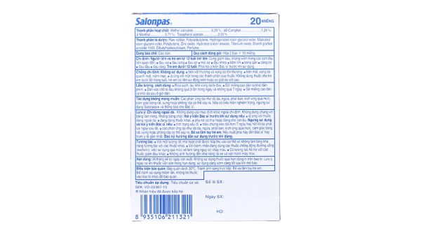 Cao dán Salonpas (6,5cm x 4,2cm) giảm đau, kháng viêm cơ xương (10 hộp x 20 miếng)