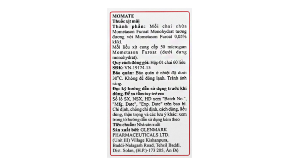 Hỗn dịch xịt mũi Momate Nasal Spray 50mcg trị viêm mũi dị ứng chai 60 liều