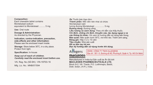 Viên nhai Montemac 5 trị hen suyễn (3 vỉ x 10 viên)
