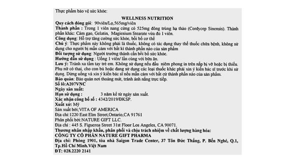 Đông trùng hạ thảo Nature Gift Wellness Nutrition bồi bổ cơ thể hộp 90 viên