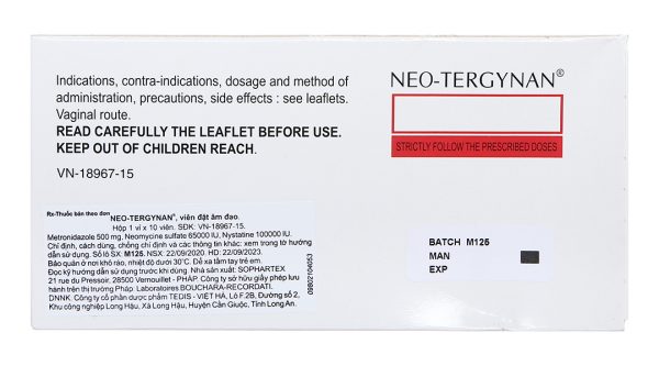 Viên đặt âm đạo Neo-Tergynan trị viêm âm đạo (1 vỉ x 10 viên)