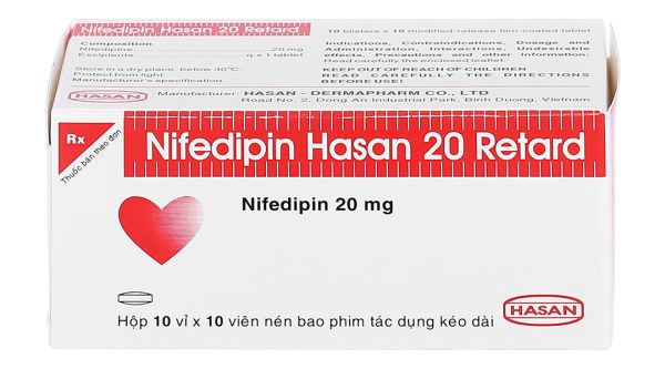 Nifedipin Hasan 20 Retard trị tăng huyết áp, đau thắt ngực (10 vỉ x 10 viên)
