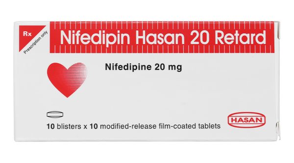 Nifedipin Hasan 20 Retard trị tăng huyết áp, đau thắt ngực (10 vỉ x 10 viên)