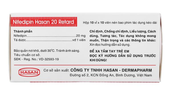 Nifedipin Hasan 20 Retard trị tăng huyết áp, đau thắt ngực (10 vỉ x 10 viên)