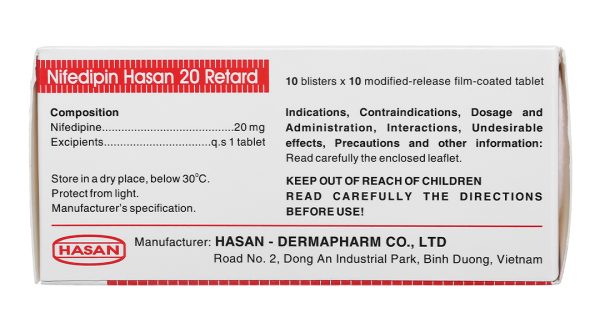 Nifedipin Hasan 20 Retard trị tăng huyết áp, đau thắt ngực (10 vỉ x 10 viên)