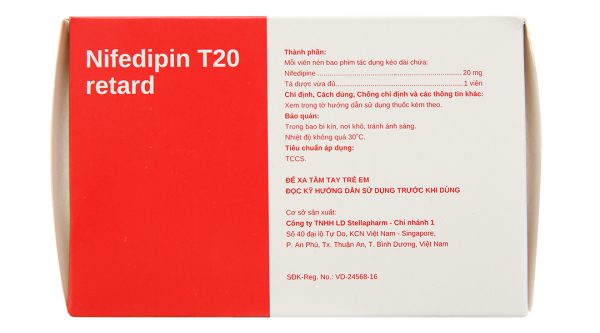 Nifedipin T20 Retard Stella trị tăng huyết áp, đau thắt ngực (10 vỉ x 10 viên)