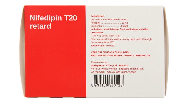 Nifedipin T20 Retard Stella trị tăng huyết áp, đau thắt ngực (10 vỉ x 10 viên)