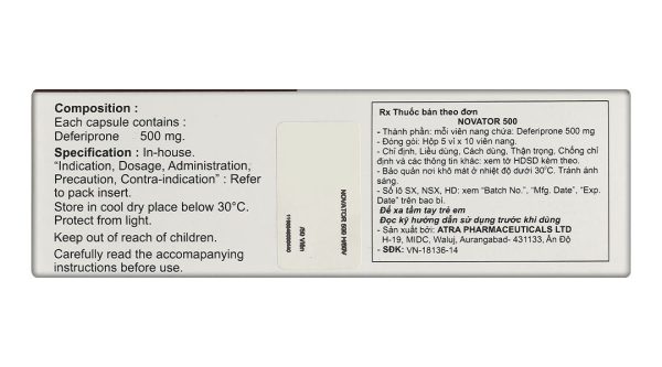 Novator 500 điều trị quá liều sắt ở bệnh nhân thalassaemia (5 vỉ x 10 viên)