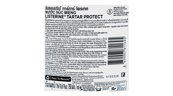 Nước súc miệng Listerine Tartar Protection ngừa mảng bám chai 750ml