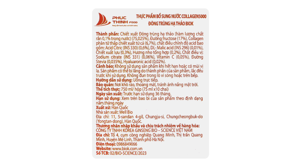 Nước Collagen Đông Trùng Hạ Thảo Biok ngừa lão hóa da, tăng đề kháng hộp 10 chai x 75ml