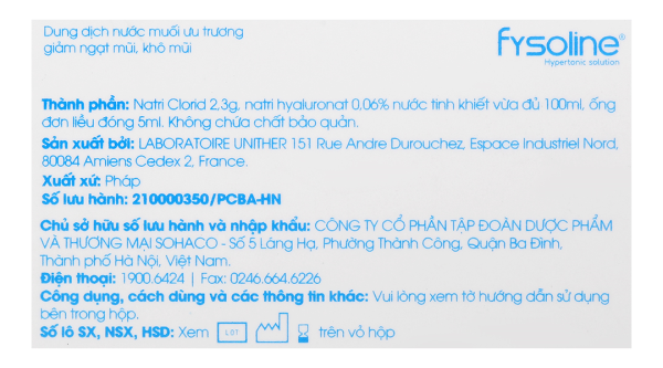 Nước muối sinh lý Fysoline Hypertonic solution giảm ngạt mũi, khô mũi (20 ống x 5ml)