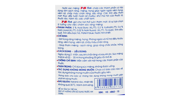 Nước súc miệng TB Fresh hỗ trợ trị sâu răng, viêm họng chai 500ml