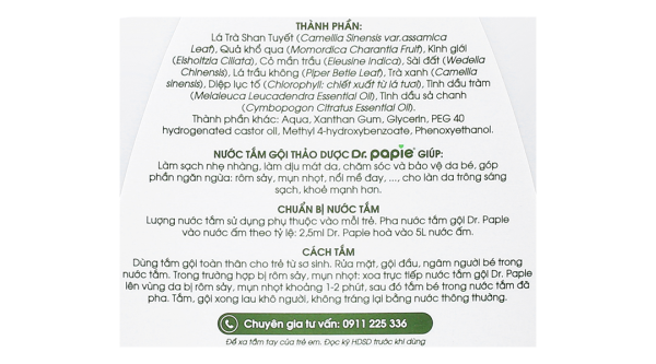 Nước tắm gội thảo dược Dr.Papie ngăn ngừa rôm sảy, mụn nhọt, nổi mề đay cho bé chai 500ml