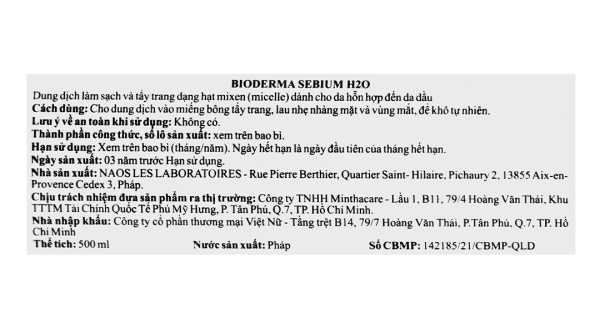 Nước tẩy trang Bioderma Sébium H2O làm sạch sâu cho da dầu và da hỗn hợp chai 500ml