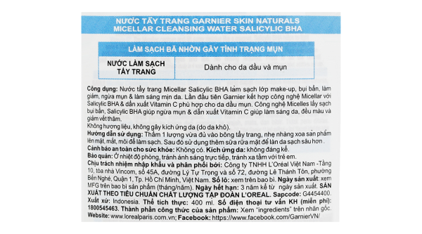 Nước tẩy trang Garnier Salicylic BHA giúp làm sạch, ngừa mụn cho da dầu & mụn chai 400ml
