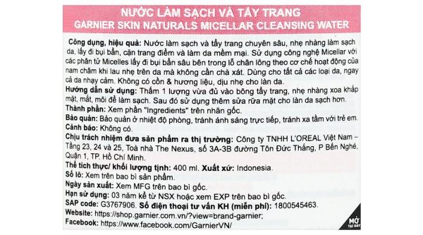 Nước tẩy trang Garnier All in 1 giúp làm sạch sâu, dịu nhẹ cho da nhạy cảm chai 400ml