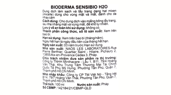 Nước tẩy trang Bioderma Sensibio H2O làm sạch sâu cho da nhạy cảm chai 100ml