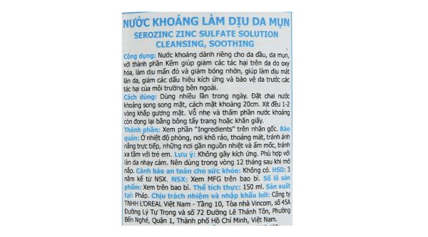 Nước xịt khoáng La Roche-Posay SerozinC giảm nhờn cho da dầu mụn chai 150ml