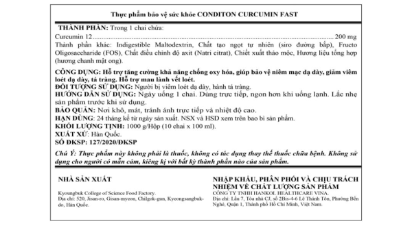 Nước uống Condition Curcumin Fast bảo vệ niêm mạc dạ dày hộp 10 chai x 100ml