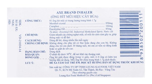 Ống hít Axe Brand Inhaler giảm nghẹt mũi, thông mũi vỉ 6 ống