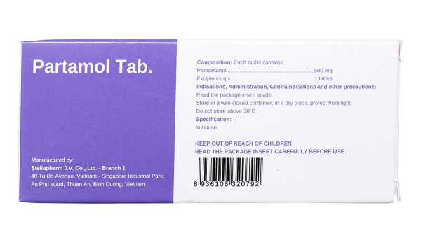 Partamol Tab. 500mg Stella trị các triệu chứng đau từ nhẹ đến vừa (10 vỉ x 10 viên)
