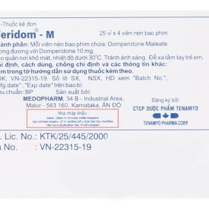 Peridom - M 10mg trị chứng nôn và buồn nôn (25 vỉ x 4 viên)
