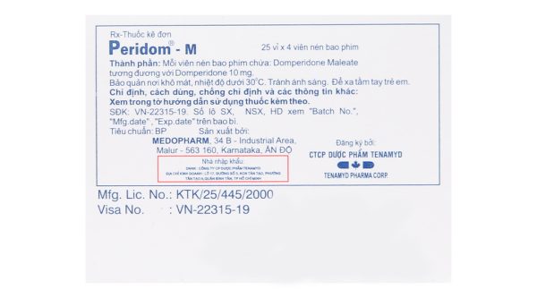 Peridom - M 10mg trị chứng nôn và buồn nôn (25 vỉ x 4 viên)