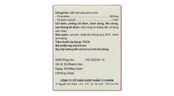 Piracetam TV.Pharm 800mg điều trị triệu chứng chóng mặt (6 vỉ x 10 viên)