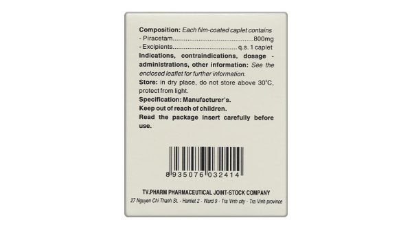Piracetam TV.Pharm 800mg điều trị triệu chứng chóng mặt (6 vỉ x 10 viên)