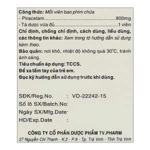 Piracetam TV.Pharm 800mg điều trị triệu chứng chóng mặt (6 vỉ x 10 viên)