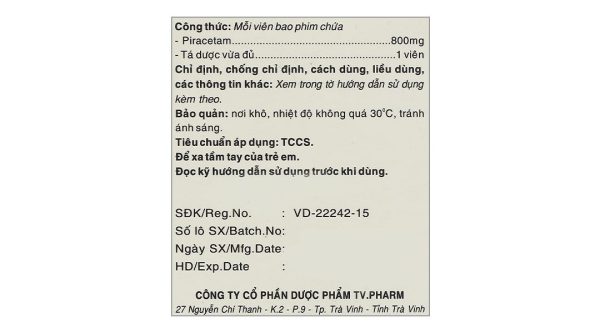 Piracetam TV.Pharm 800mg điều trị triệu chứng chóng mặt (6 vỉ x 10 viên)