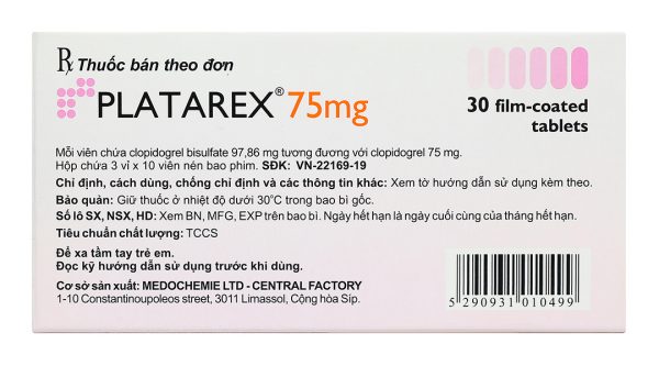Platarex 75mg phòng ngừa các biến cố huyết khối động mạch (3 vỉ x 10 viên)