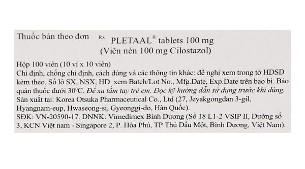 Pletaal Tablets 100mg trị thiếu máu cục bộ (10 vỉ x 10 viên)