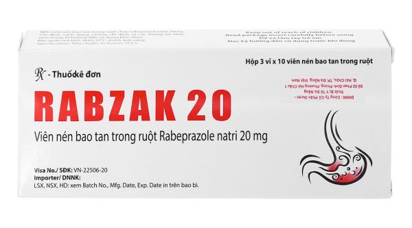 Rabzak 20 trị trào ngược dạ dày, thực quản (3 vỉ x 10 viên)