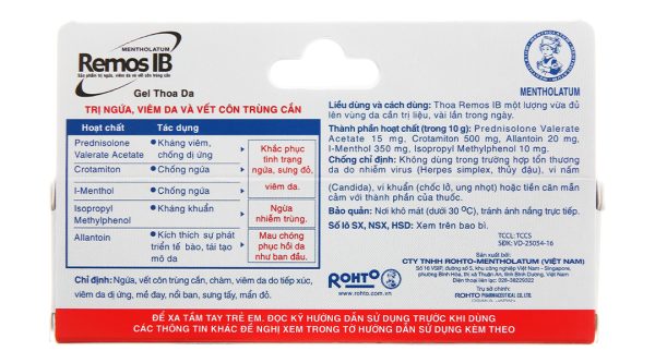 Gel Remos IB trị ngứa, vết côn trùng cắn, chàm, viêm da tuýp 10g