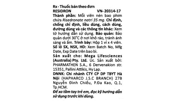 Residron 35mg điều trị và ngăn ngừa loãng xương (1 vỉ x 4 viên)