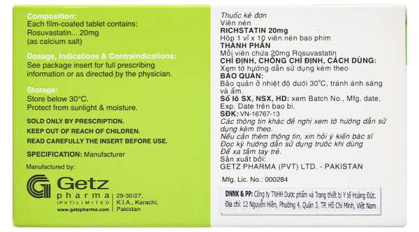 Richstatin 20mg dùng làm giảm cholesterol toàn phần (1 vỉ x 10 viên)