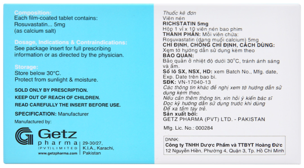 Richstatin 5mg dùng làm giảm nồng độ cholesterol toàn phần (1 vỉ x 10 viên)