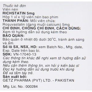 Richstatin 5mg dùng làm giảm nồng độ cholesterol toàn phần (1 vỉ x 10 viên)