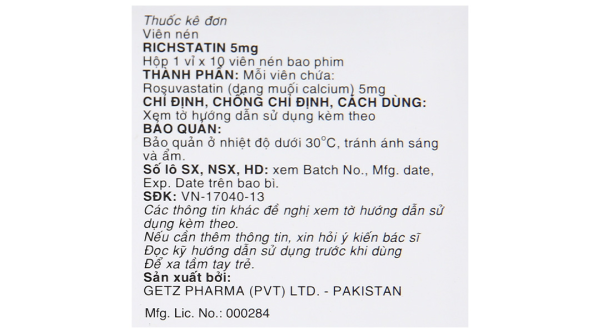 Richstatin 5mg dùng làm giảm nồng độ cholesterol toàn phần (1 vỉ x 10 viên)