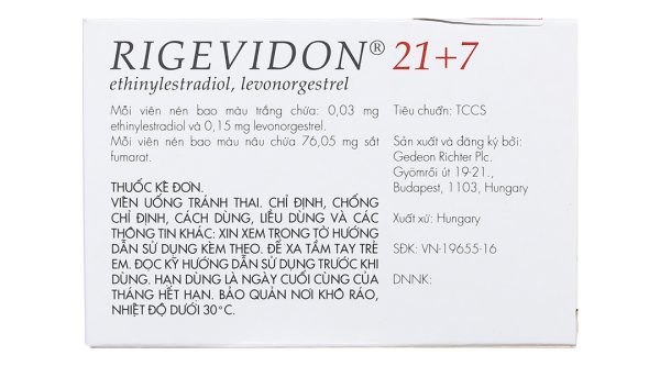 Rigevidon 21+7 thuốc tránh thai hằng ngày (3 vỉ x 28 viên)