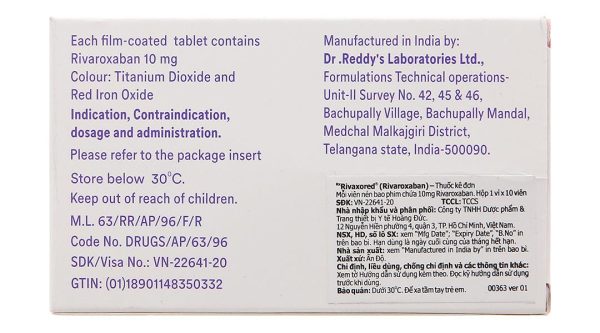 Rivaxored 10mg phòng ngừa thuyên tắc huyết khối tĩnh mạch (1 vỉ x 10 viên)