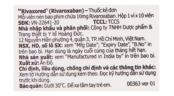Rivaxored 10mg phòng ngừa thuyên tắc huyết khối tĩnh mạch (1 vỉ x 10 viên)