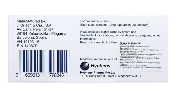 Rupafin 10mg trị viêm mũi dị ứng, mề đay (1 vỉ x 10 viên)