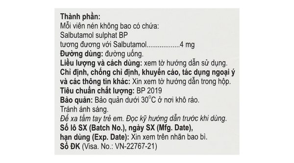 Salzol 4mg trị các chứng hen suyễn, khó thở liên tục (10 vỉ x 10 viên)