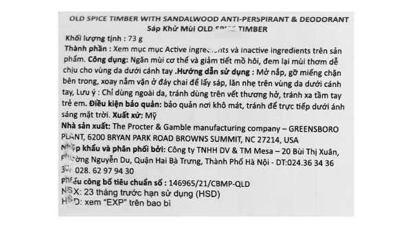 Sáp khử mùi Old Spice Timber ngăn mùi cơ thể, giảm tiết mồ hôi chai 73g