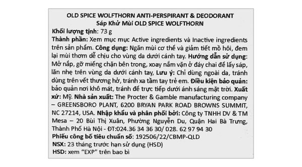 Sáp khử mùi Old Spice Wolfthorn ngăn mùi cơ thể, giảm tiết mồ hôi chai 73g