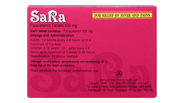Sara 500mg trị các chứng đau và sốt từ nhẹ đến vừa (20 vỉ x 10 viên)