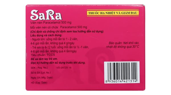 Sara 500mg trị các chứng đau và sốt từ nhẹ đến vừa (20 vỉ x 10 viên)